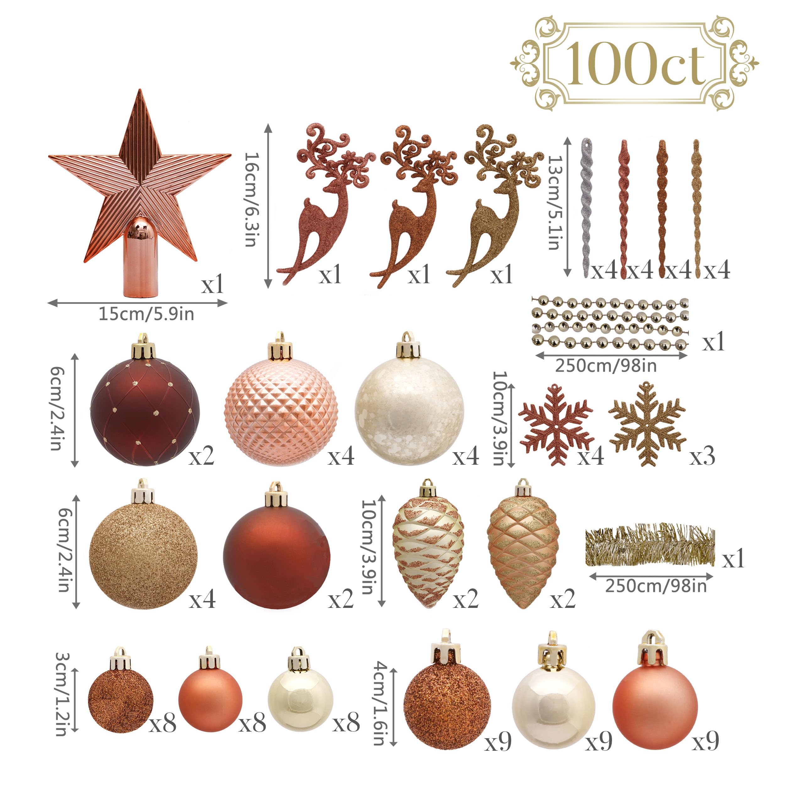 Valery Madelyn クリスマス オーナメント クリスマス ボール 100個入りセット クリスマス 飾り ユーロッパ風 北欧風 ゴールド・コッパー 森のコッパー おしゃれ クリスマス 雑貨 飾