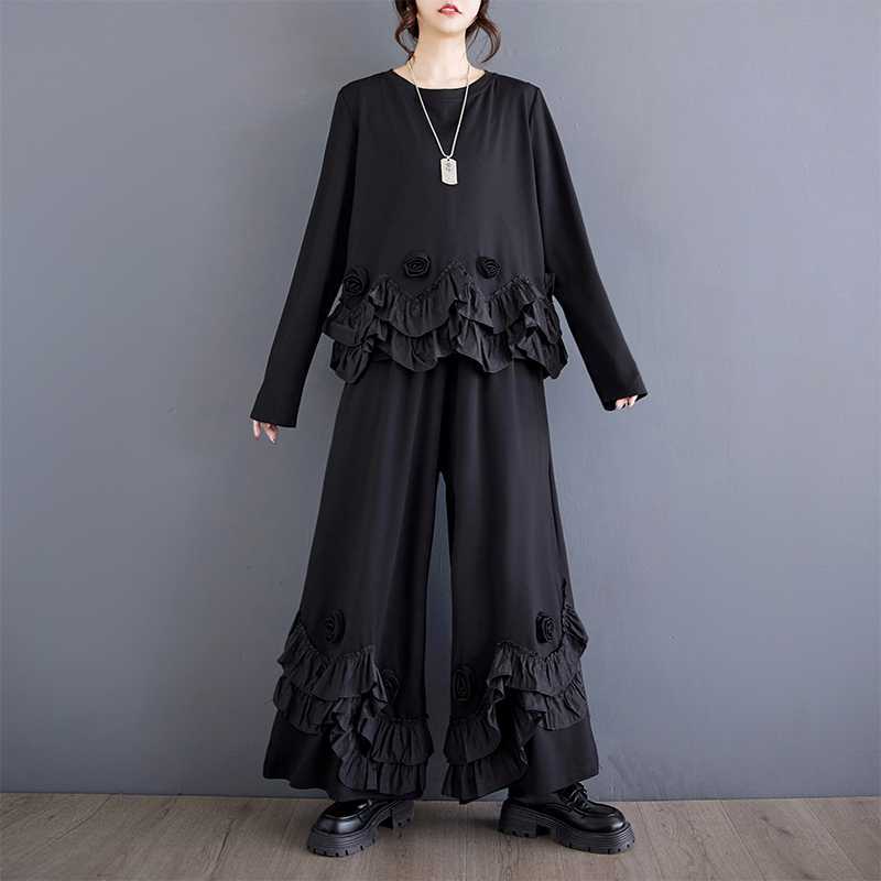 【急速出荷】秋新品 上下セット 花フリル ドッキング ブラウス+ワイドパンツ 大きいサイズ 体型カバー レディース セットアップ メガ割