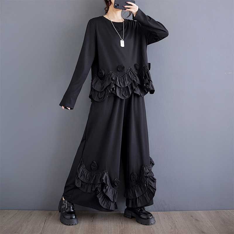 【急速出荷】秋新品 上下セット 花フリル ドッキング ブラウス+ワイドパンツ 大きいサイズ 体型カバー レディース セットアップ メガ割