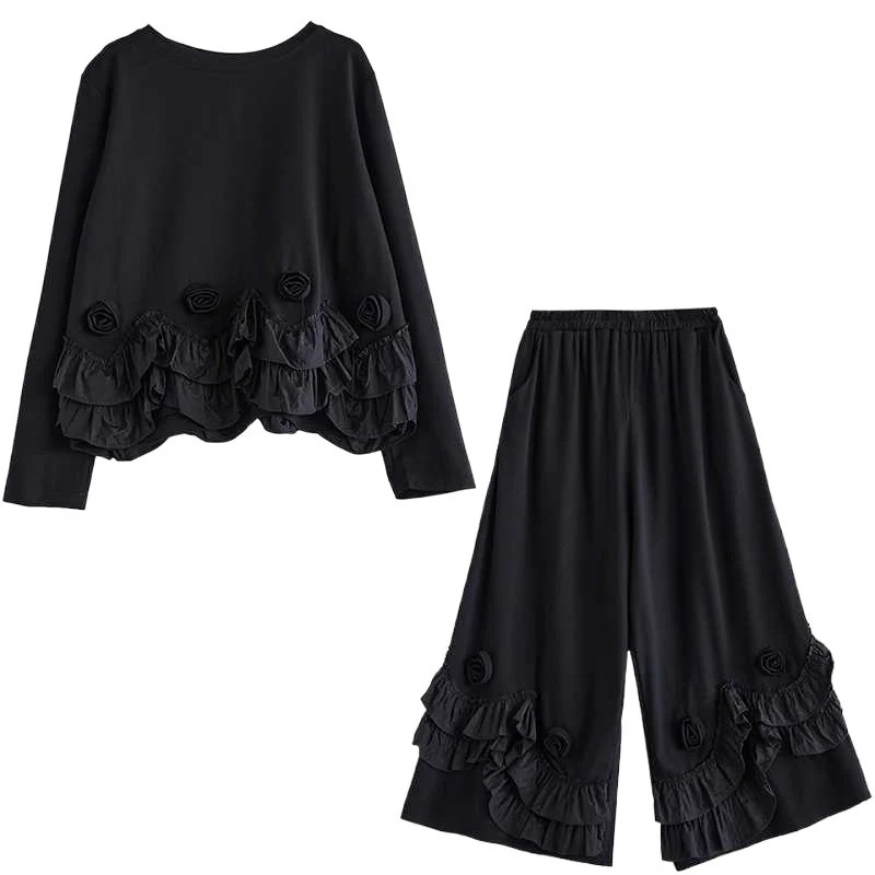 【急速出荷】秋新品 上下セット 花フリル ドッキング ブラウス+ワイドパンツ 大きいサイズ 体型カバー レディース セットアップ メガ割