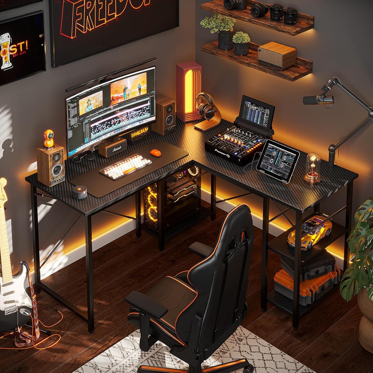 ゲーミングデスク l字デスク 幅120cm×奥行120cm パソコンデスク コーナーデスク L字型 ラック付き 棚板高さ調節可能 ゲームデスク 書斎 在宅勤務 カーボン調ブラック