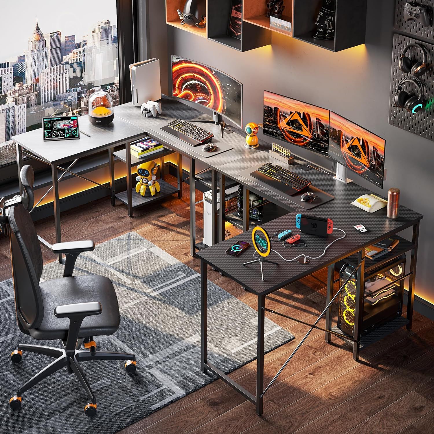 ゲーミングデスク l字デスク 幅120cm×奥行120cm パソコンデスク コーナーデスク L字型 ラック付き 棚板高さ調節可能 ゲームデスク 書斎 在宅勤務 カーボン調ブラック