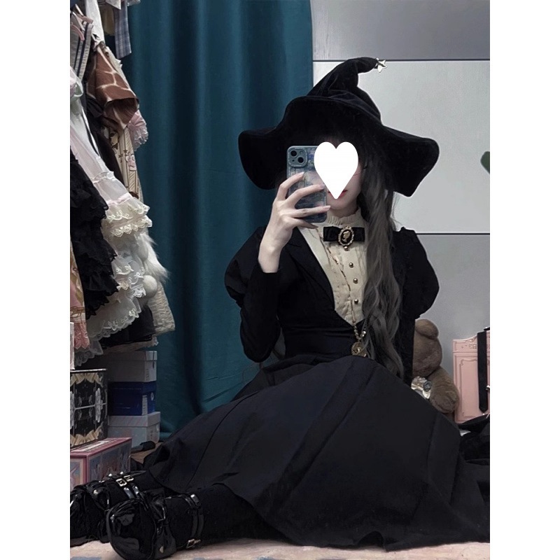 ハロウィン ゴシック ダークスタイル ロリータ シスター ブラック ロングウエスト パフスリーブ ロリータドレス 秋冬