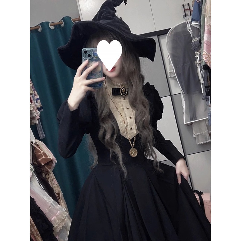 ハロウィン ゴシック ダークスタイル ロリータ シスター ブラック ロングウエスト パフスリーブ ロリータドレス 秋冬