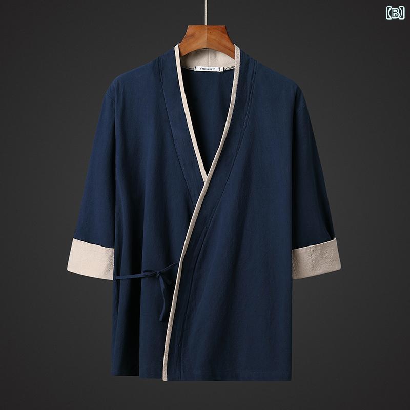 メンズ シャツ トップス 七分袖 チャイナ風 斜め襟 クロス 中華伝統的スタイル 薄手 リネン風 スタイリッシュ 軽量 快適 リラクシング シンプルデザイン モダン 優雅 赤 紺 黒 ベージュ