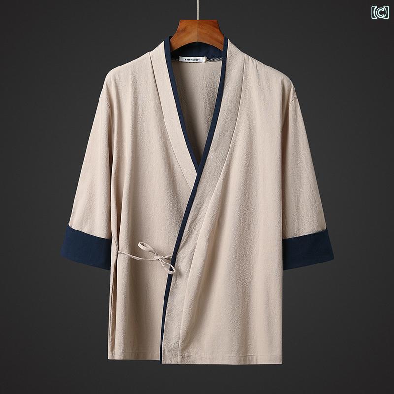 メンズ シャツ トップス 七分袖 チャイナ風 斜め襟 クロス 中華伝統的スタイル 薄手 リネン風 スタイリッシュ 軽量 快適 リラクシング シンプルデザイン モダン 優雅 赤 紺 黒 ベージュ