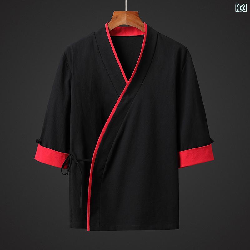 メンズ シャツ トップス 七分袖 チャイナ風 斜め襟 クロス 中華伝統的スタイル 薄手 リネン風 スタイリッシュ 軽量 快適 リラクシング シンプルデザイン モダン 優雅 赤 紺 黒 ベージュ