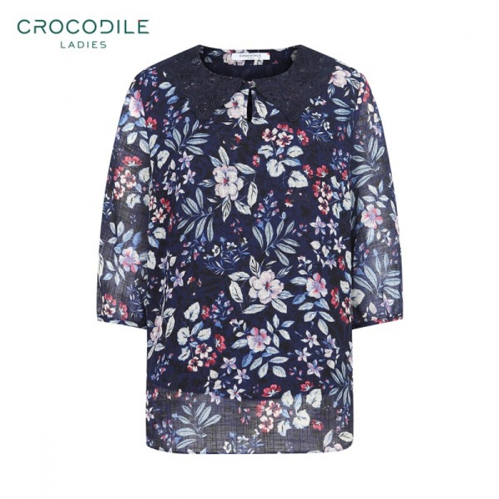 [クロコダイルレディ] ネイビーレースカラーシフォンブラウスCLCMBL105