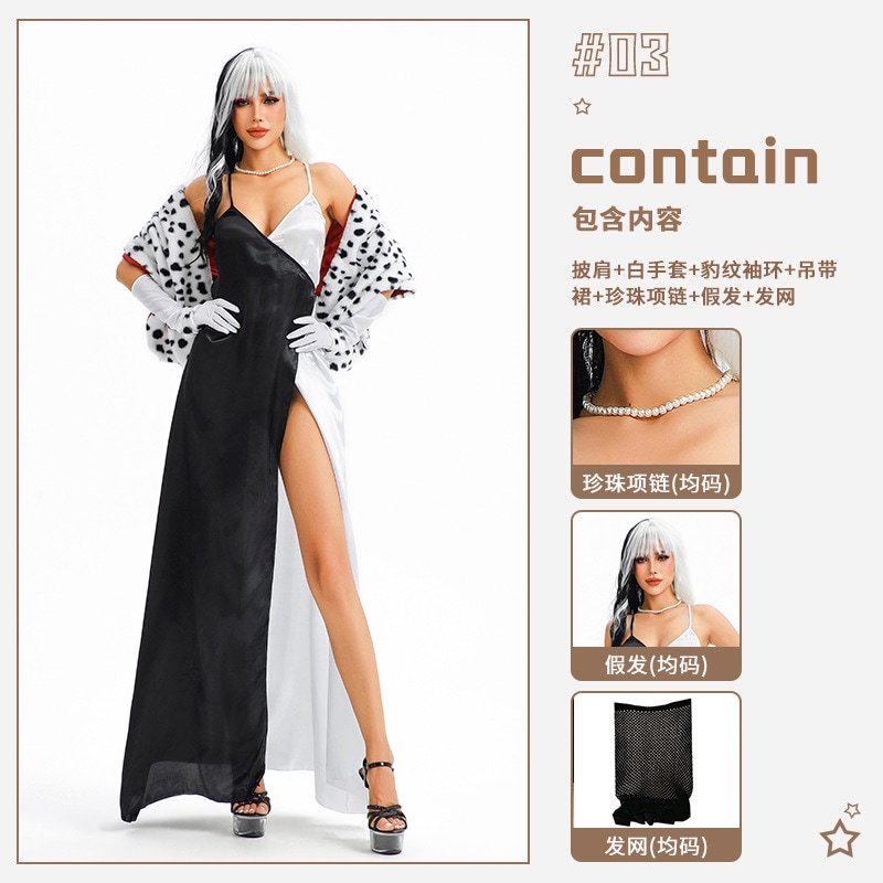 ハロウィンコスチューム映画101：ダルメシアンの白黒魔女クルエラ・ダルメシアンのコスプレステージパフォーマンスコスチューム