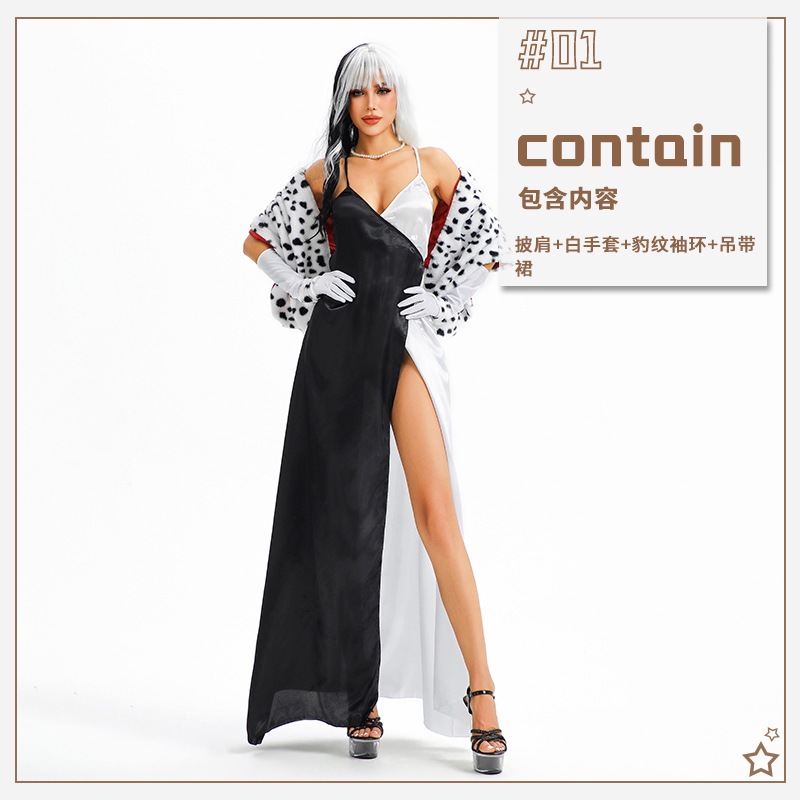 ハロウィンコスチューム映画101：ダルメシアンの白黒魔女クルエラ・ダルメシアンのコスプレステージパフォーマンスコスチューム