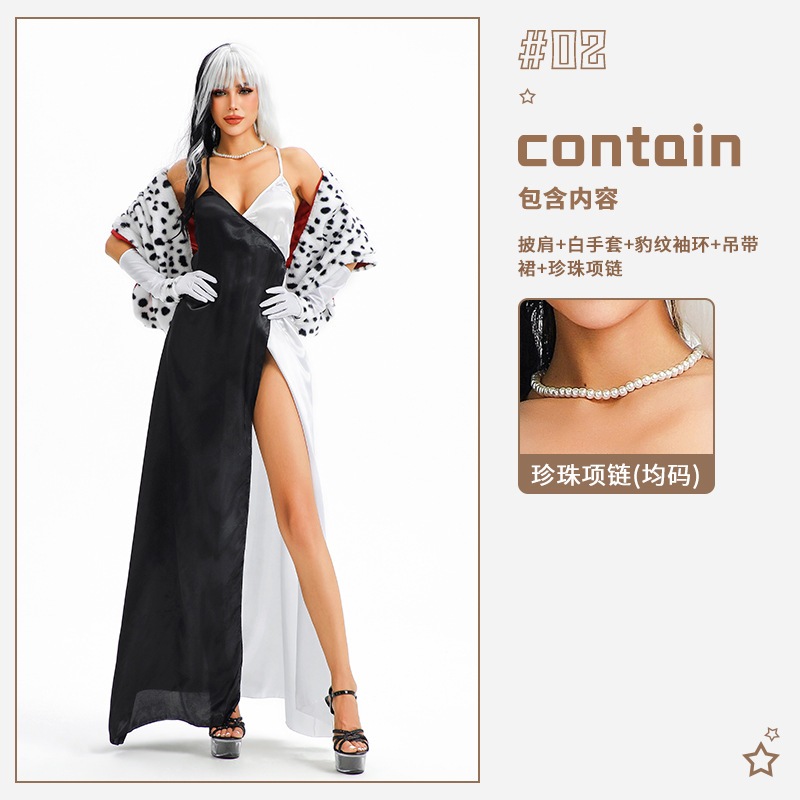 ハロウィンコスチューム映画101：ダルメシアンの白黒魔女クルエラ・ダルメシアンのコスプレステージパフォーマンスコスチューム