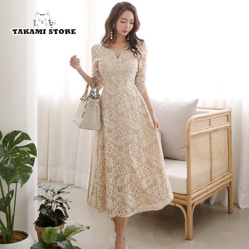 【3日間発送】パーティードレス 結婚式 ワンピース ドレス 大きいサイズ 袖あり ロング丈 Aライン 春夏秋 レース おしゃれ 20代 30代 40代 50代 総柄 上品 韓国