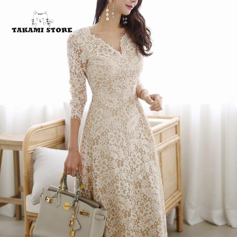 【3日間発送】パーティードレス 結婚式 ワンピース ドレス 大きいサイズ 袖あり ロング丈 Aライン 春夏秋 レース おしゃれ 20代 30代 40代 50代 総柄 上品 韓国