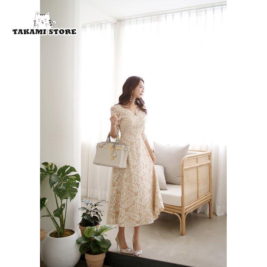【3日間発送】パーティードレス 結婚式 ワンピース ドレス 大きいサイズ 袖あり ロング丈 Aライン 春夏秋 レース おしゃれ 20代 30代 40代 50代 総柄 上品 韓国