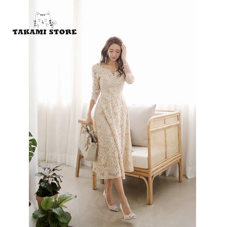 【3日間発送】パーティードレス 結婚式 ワンピース ドレス 大きいサイズ 袖あり ロング丈 Aライン 春夏秋 レース おしゃれ 20代 30代 40代 50代 総柄 上品 韓国