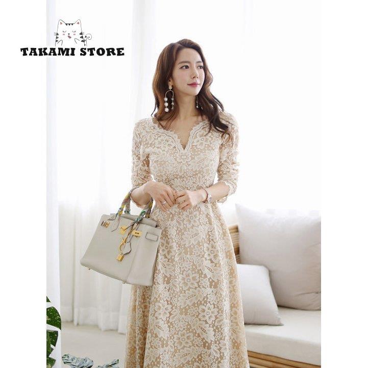 【3日間発送】パーティードレス 結婚式 ワンピース ドレス 大きいサイズ 袖あり ロング丈 Aライン 春夏秋 レース おしゃれ 20代 30代 40代 50代 総柄 上品 韓国