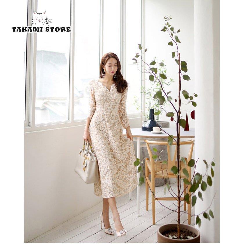 【3日間発送】パーティードレス 結婚式 ワンピース ドレス 大きいサイズ 袖あり ロング丈 Aライン 春夏秋 レース おしゃれ 20代 30代 40代 50代 総柄 上品 韓国