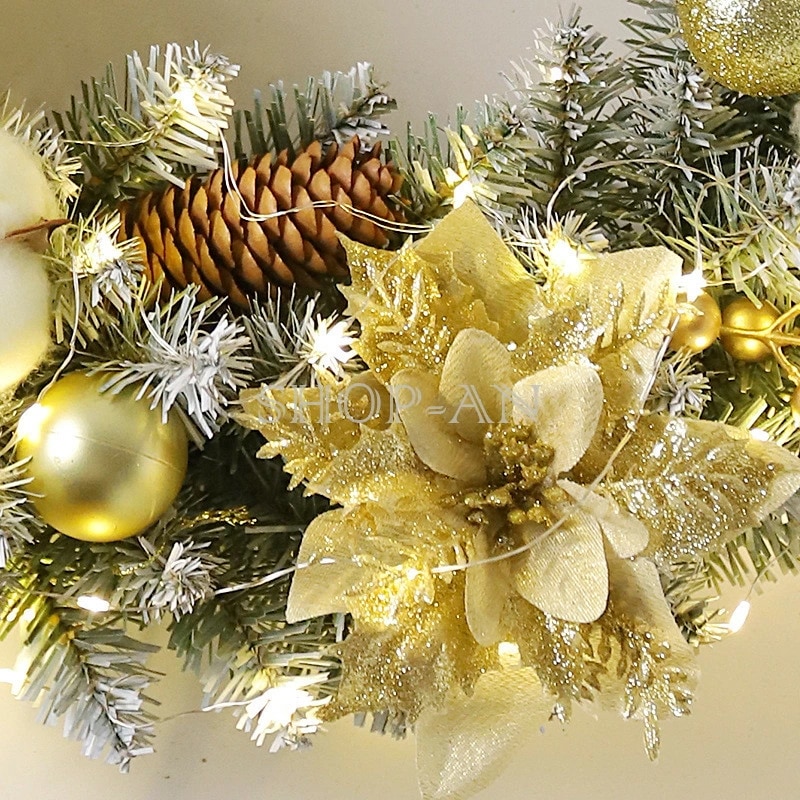 クリスマス 花輪 クリスマスリース 玄関 40cm 50cm 60cm ドアリース 玄関リース オーナメント 飾り 松笠 松ぼっくり LEDライト付き ブドフラワー 壁飾り 壁掛け 結婚祝い 開店祝い