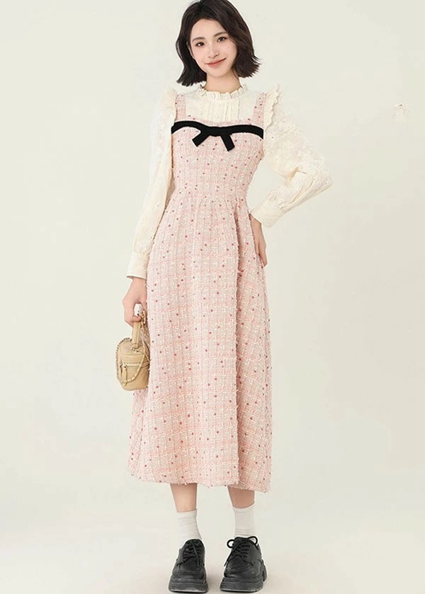 リピーター続出ワンピース 長袖 ロング丈 可愛い かわいい 春 ニット ピンク Aライン レディース 柔らか お洒落 保温 通勤 普段着 デート ei249t2t2c6