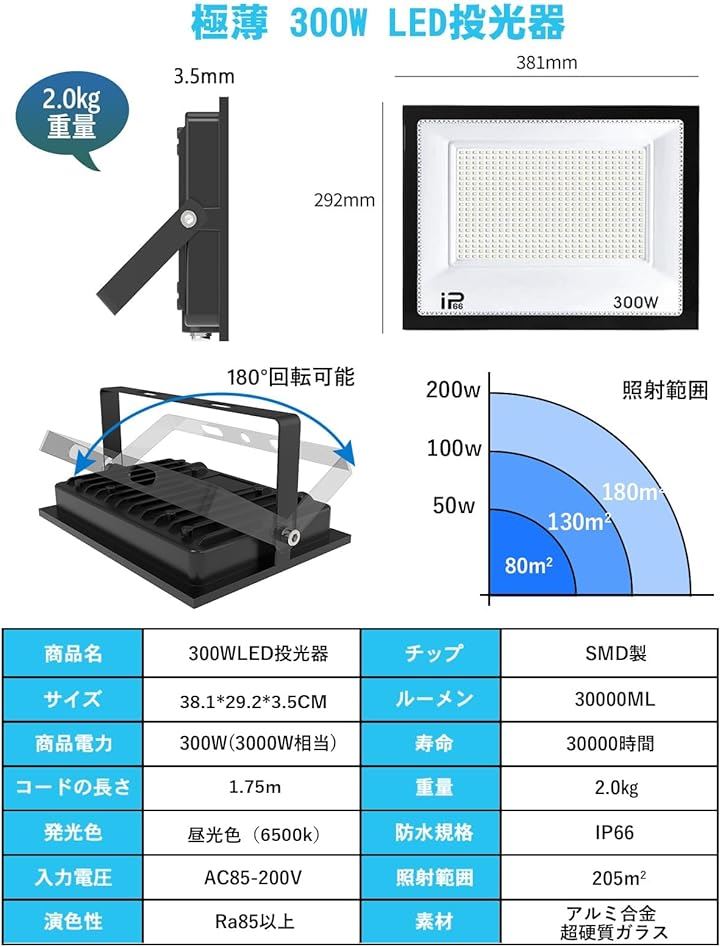 投光器 led 300W 屋外 100v 灯光器 作業灯 外灯 30000LM 6500K IP66 工事用ライト ledライト 1セット( 黒い, 300W 1セット)