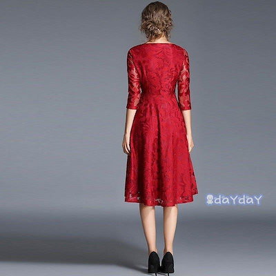 ワンピース レディース パーティードレス 総レース ドレス 7分袖 大きいサイズ フォーマル aライン