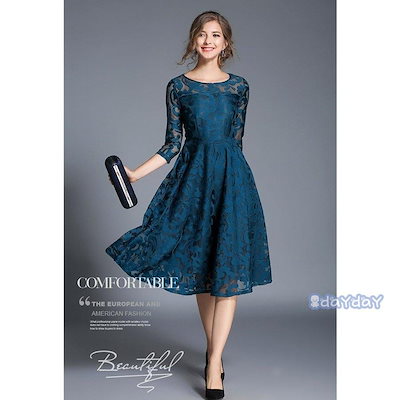 ワンピース レディース パーティードレス 総レース ドレス 7分袖 大きいサイズ フォーマル aライン