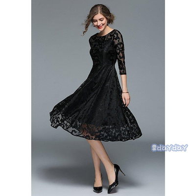 ワンピース レディース パーティードレス 総レース ドレス 7分袖 大きいサイズ フォーマル aライン