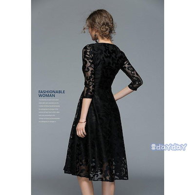 ワンピース レディース パーティードレス 総レース ドレス 7分袖 大きいサイズ フォーマル aライン