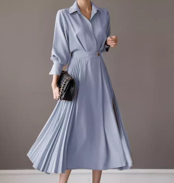 レディース ワンピース プルオーバー シャツワンピ ミモレ ロング 長袖 襟付き ポロカラー Aライン プリーツ シフォン ウエストマーク ハイウエスト ボタン 大人可愛い きれいめ シンプル