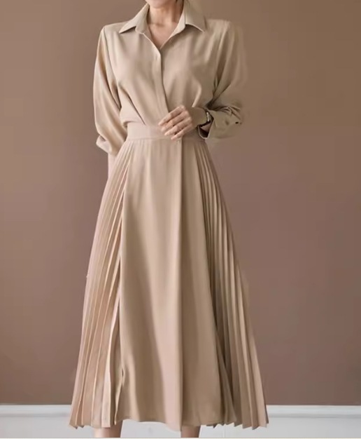 レディース ワンピース プルオーバー シャツワンピ ミモレ ロング 長袖 襟付き ポロカラー Aライン プリーツ シフォン ウエストマーク ハイウエスト ボタン 大人可愛い きれいめ シンプル