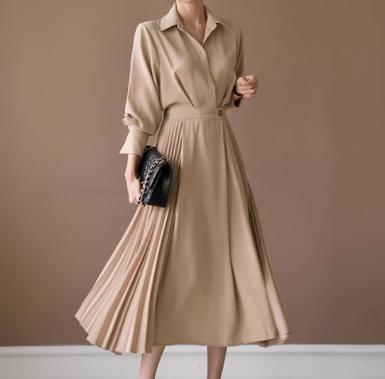 レディース ワンピース プルオーバー シャツワンピ ミモレ ロング 長袖 襟付き ポロカラー Aライン プリーツ シフォン ウエストマーク ハイウエスト ボタン 大人可愛い きれいめ シンプル