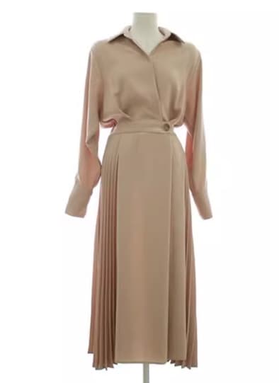 レディース ワンピース プルオーバー シャツワンピ ミモレ ロング 長袖 襟付き ポロカラー Aライン プリーツ シフォン ウエストマーク ハイウエスト ボタン 大人可愛い きれいめ シンプル