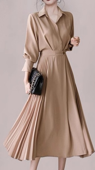 レディース ワンピース プルオーバー シャツワンピ ミモレ ロング 長袖 襟付き ポロカラー Aライン プリーツ シフォン ウエストマーク ハイウエスト ボタン 大人可愛い きれいめ シンプル