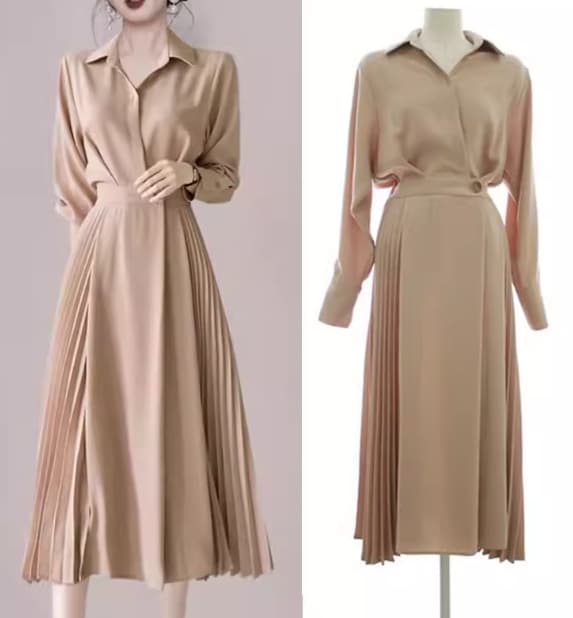 レディース ワンピース プルオーバー シャツワンピ ミモレ ロング 長袖 襟付き ポロカラー Aライン プリーツ シフォン ウエストマーク ハイウエスト ボタン 大人可愛い きれいめ シンプル