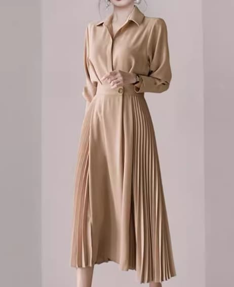 レディース ワンピース プルオーバー シャツワンピ ミモレ ロング 長袖 襟付き ポロカラー Aライン プリーツ シフォン ウエストマーク ハイウエスト ボタン 大人可愛い きれいめ シンプル