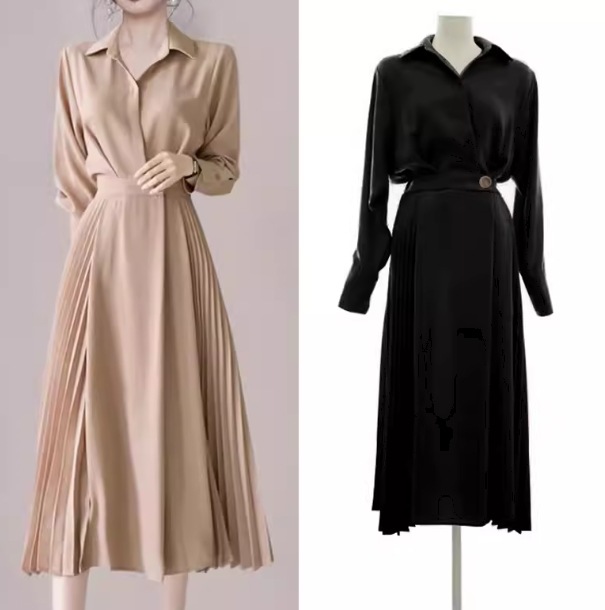 レディース ワンピース プルオーバー シャツワンピ ミモレ ロング 長袖 襟付き ポロカラー Aライン プリーツ シフォン ウエストマーク ハイウエスト ボタン 大人可愛い きれいめ シンプル