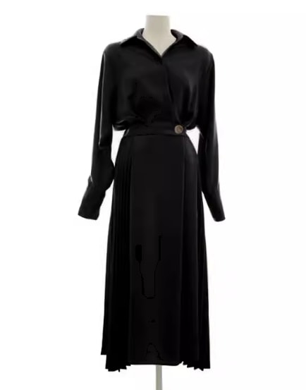 レディース ワンピース プルオーバー シャツワンピ ミモレ ロング 長袖 襟付き ポロカラー Aライン プリーツ シフォン ウエストマーク ハイウエスト ボタン 大人可愛い きれいめ シンプル