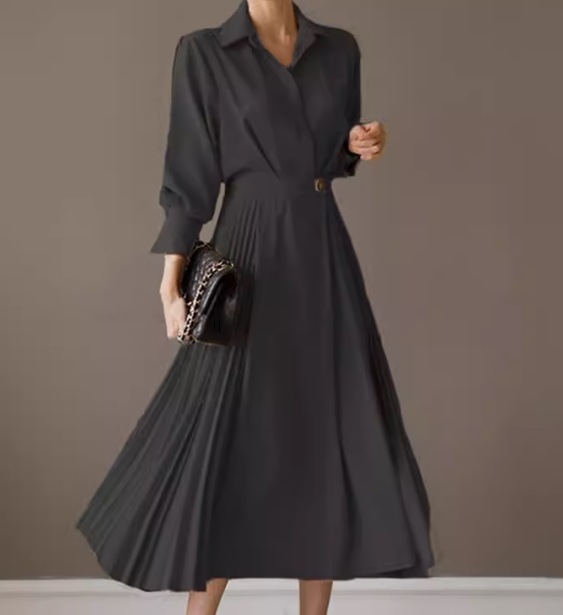 レディース ワンピース プルオーバー シャツワンピ ミモレ ロング 長袖 襟付き ポロカラー Aライン プリーツ シフォン ウエストマーク ハイウエスト ボタン 大人可愛い きれいめ シンプル