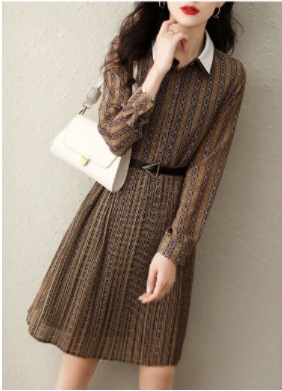 シャツワンピース クラシック ひざ丈 袖あり 長袖 襟付き Ａライン スリム 細身 タイト ボタン