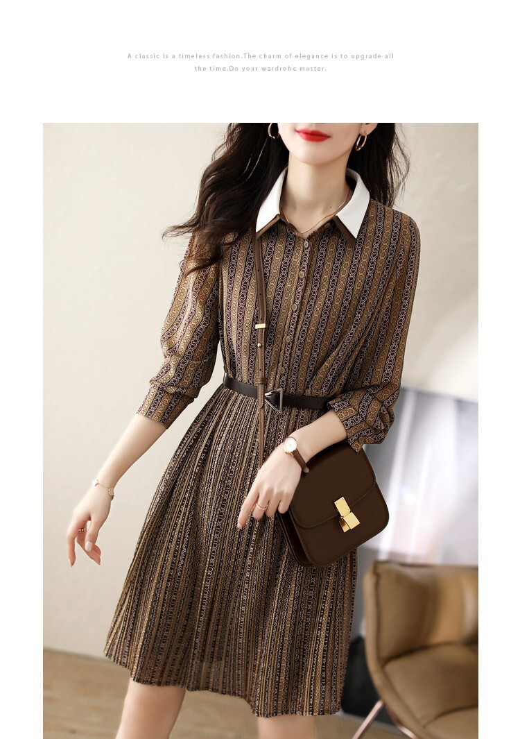 シャツワンピース クラシック ひざ丈 袖あり 長袖 襟付き Ａライン スリム 細身 タイト ボタン