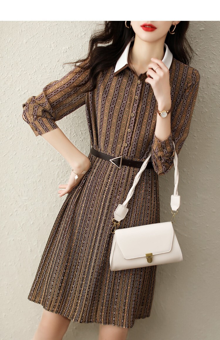 シャツワンピース クラシック ひざ丈 袖あり 長袖 襟付き Ａライン スリム 細身 タイト ボタン