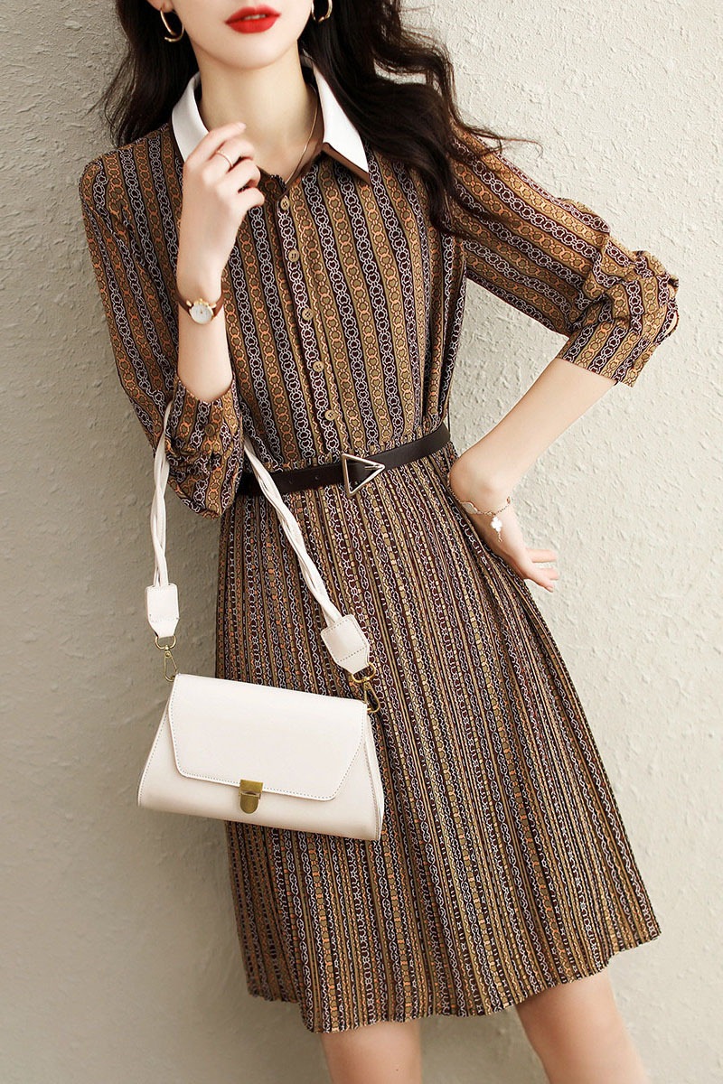 シャツワンピース クラシック ひざ丈 袖あり 長袖 襟付き Ａライン スリム 細身 タイト ボタン