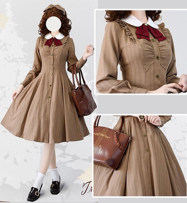 ロリータ ワンピース レディース ロング lolita フレアスカート イギリス風 可愛い 大人 ブラウン ブラック グリーン ベージュ グレー S M L XL 2XL