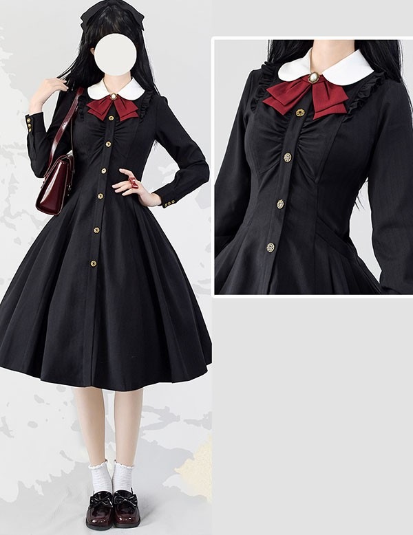 ロリータ ワンピース レディース ロング lolita フレアスカート イギリス風 可愛い 大人 ブラウン ブラック グリーン ベージュ グレー S M L XL 2XL