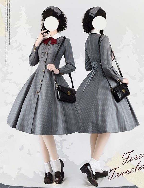 ロリータ ワンピース レディース ロング lolita フレアスカート イギリス風 可愛い 大人 ブラウン ブラック グリーン ベージュ グレー S M L XL 2XL