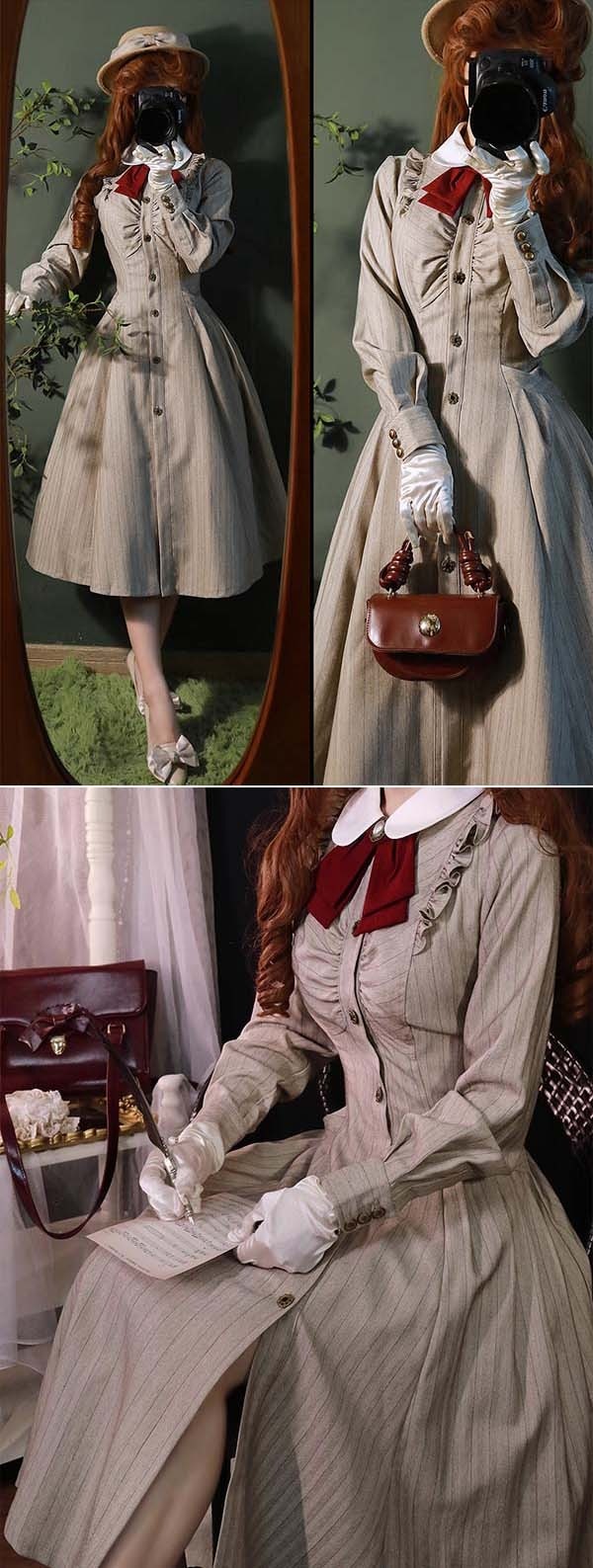 ロリータ ワンピース レディース ロング lolita フレアスカート イギリス風 可愛い 大人 ブラウン ブラック グリーン ベージュ グレー S M L XL 2XL