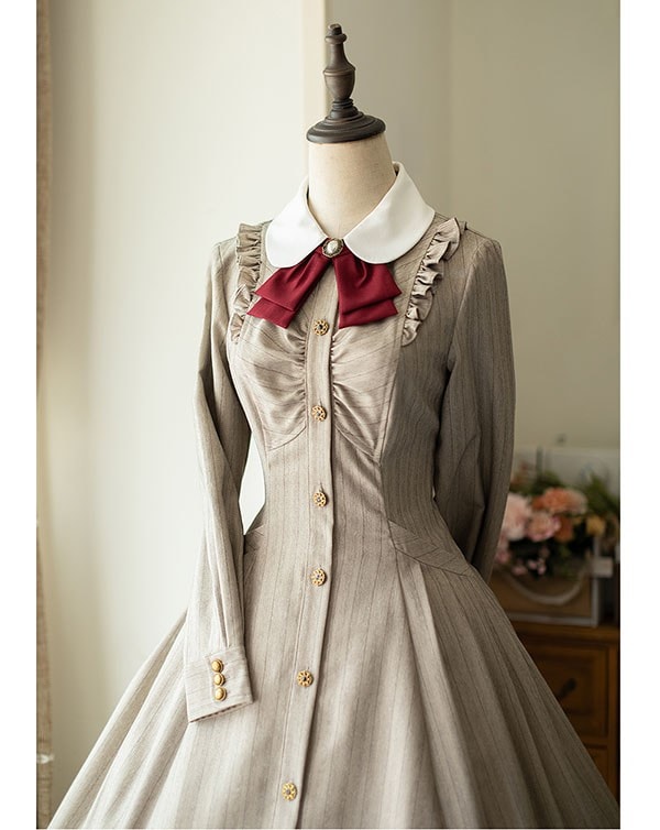 ロリータ ワンピース レディース ロング lolita フレアスカート イギリス風 可愛い 大人 ブラウン ブラック グリーン ベージュ グレー S M L XL 2XL