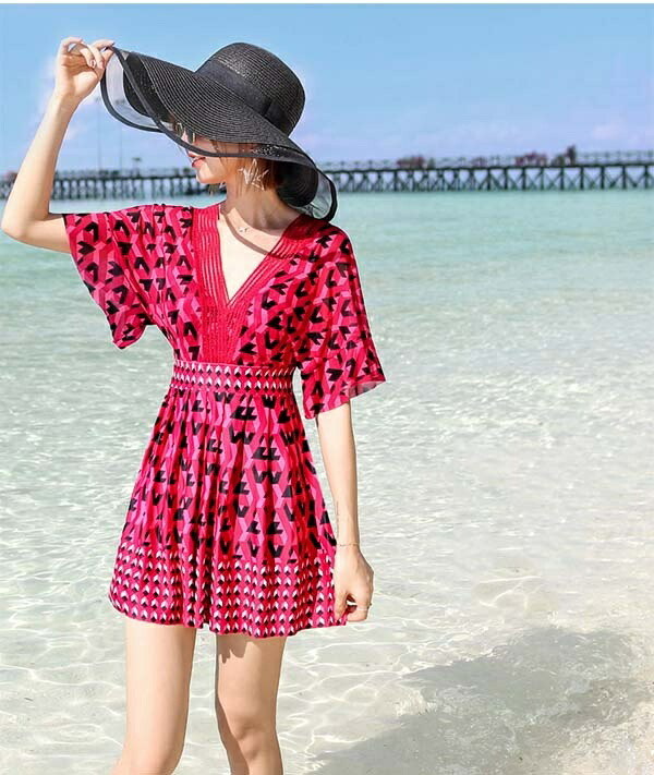 ワンピース レディース パッド付 Vネック 袖あり 大きいサイズ ハイウエスト 大きいサイズ 水着 体型カバー 温泉 海 ビーチ リゾート プール かわいい ママ水着 20代 30代 40代 韓国フ