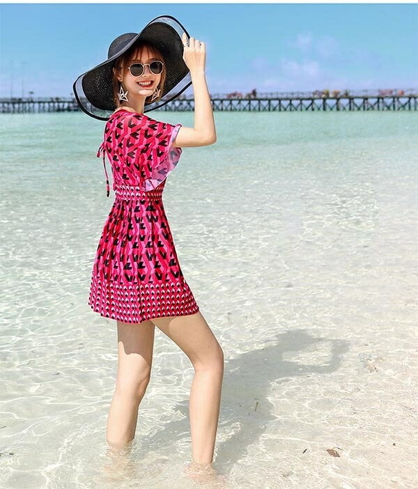 ワンピース レディース パッド付 Vネック 袖あり 大きいサイズ ハイウエスト 大きいサイズ 水着 体型カバー 温泉 海 ビーチ リゾート プール かわいい ママ水着 20代 30代 40代 韓国フ