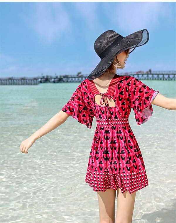 ワンピース レディース パッド付 Vネック 袖あり 大きいサイズ ハイウエスト 大きいサイズ 水着 体型カバー 温泉 海 ビーチ リゾート プール かわいい ママ水着 20代 30代 40代 韓国フ